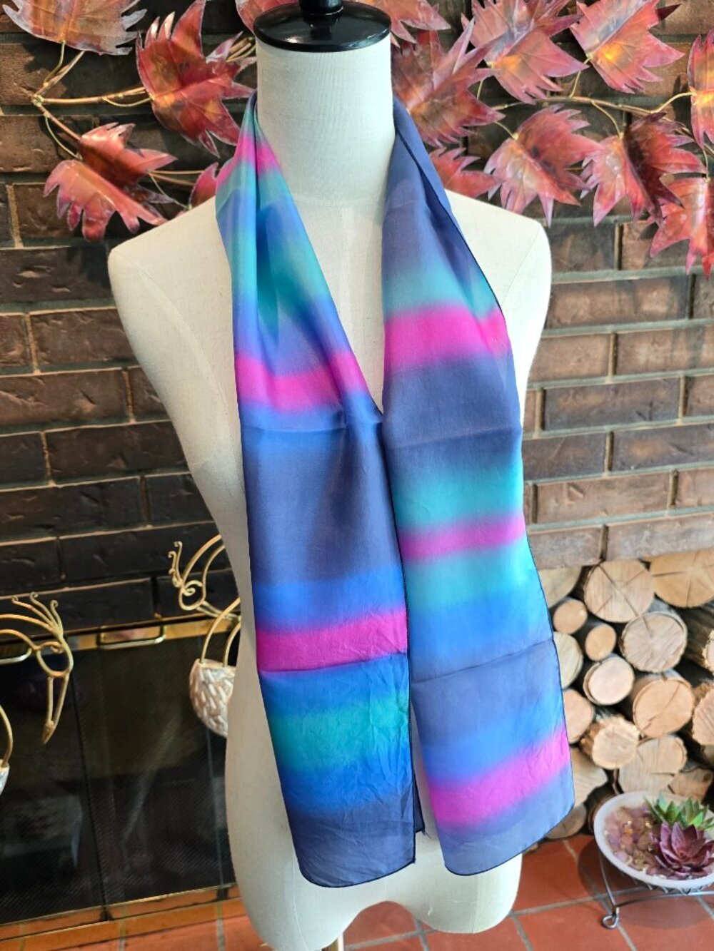 Coranit - Vintage Silk Scarf, Blue & Pink Ombre Long Swiss Statement Scarf